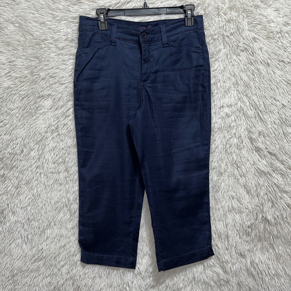 NYDJ Linen Blend Crop Pants Blue Size 4 High Rise Slimming Casual Vacation - Picture 2 of 13
